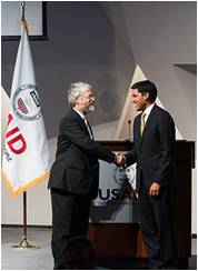 Senior Advisor to President Obama on Science and Technology John Holdren and USAID Administrator Rajiv Shaw at USAID HESN Kickoff Event
